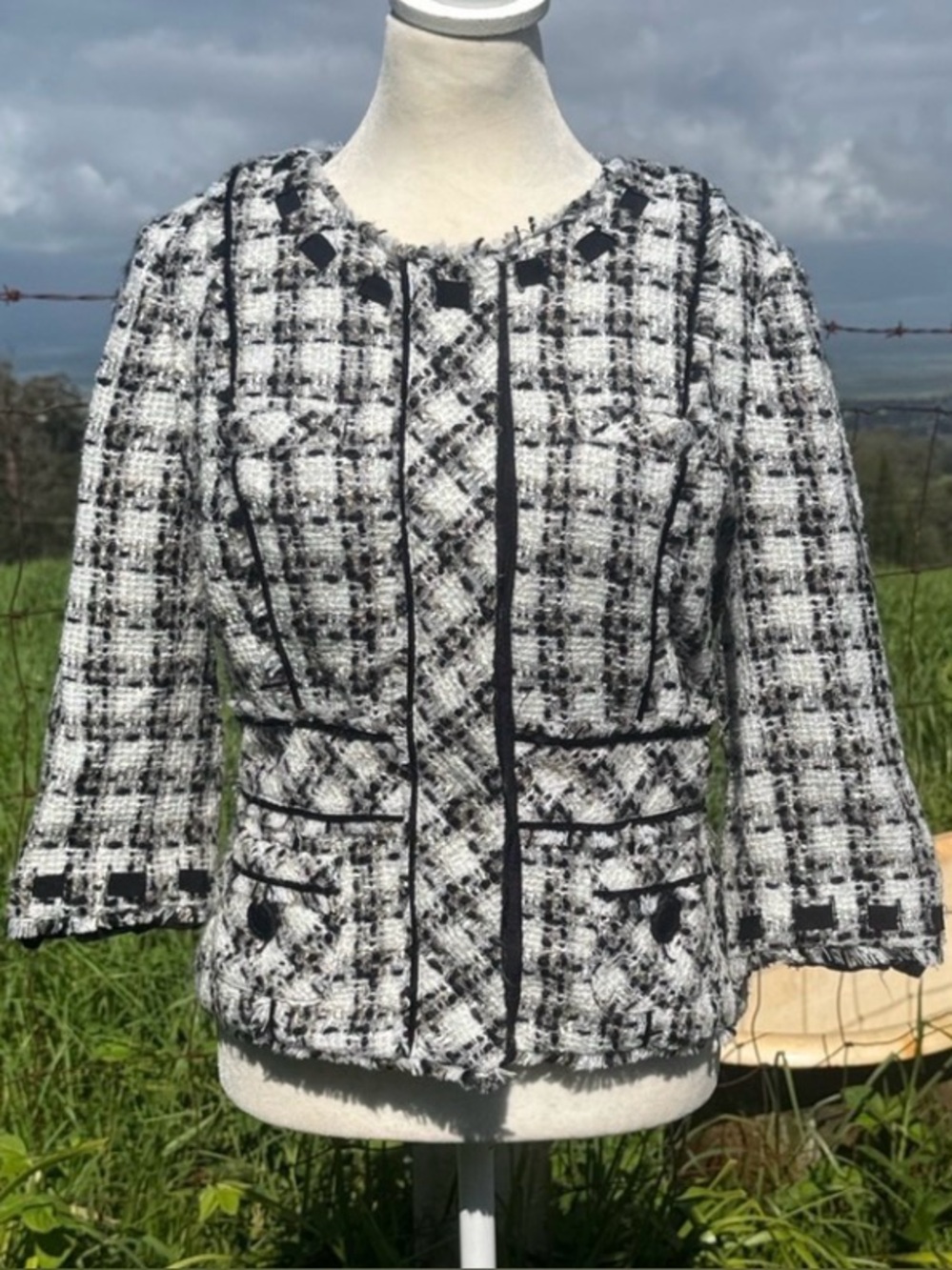 Anthropologie Elevenses Snapshot Tweed Jacket Black White Plaid